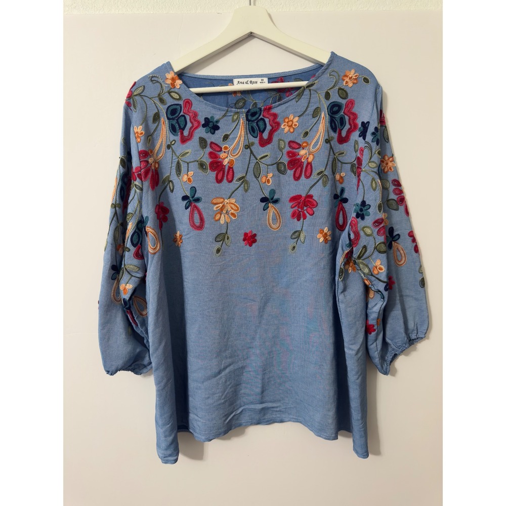 Ana & Rose Floral Embroidered Blouse‎ 2X Blue Boho 3/4 Sleeve Peasant Summer